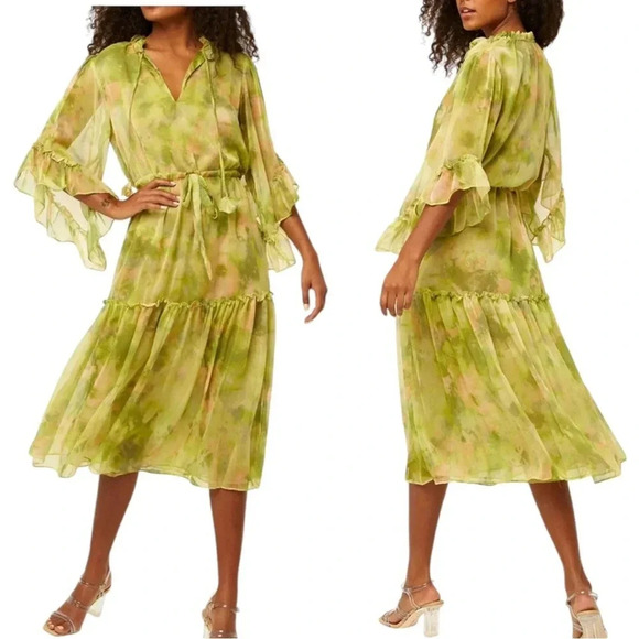 MISA Marcele Chartreuse Abstract Ruffle Midi Dress Size XS NWT - Picture 1 of 10